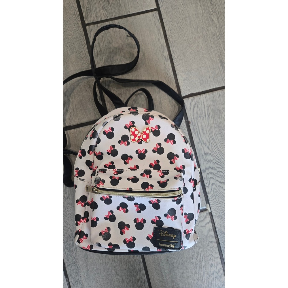 Disney Loungefly Minnie Mouse Polka Dot Bow Mini Backpack White Black Red
